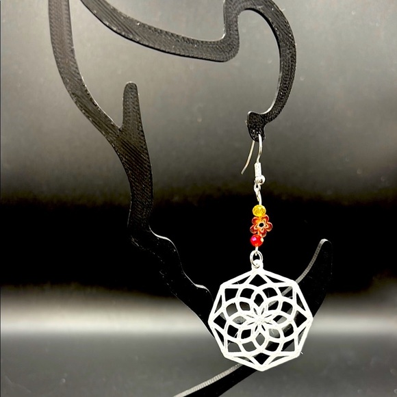 White with Orange Mandala Earrings with Beads - Picture 4 of 6